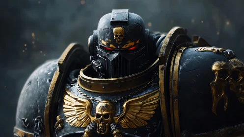 Gothic power‑armored space warrior with skull iconography