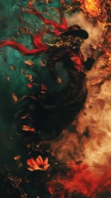 Surreal digital painting of drifting figure in fiery water.