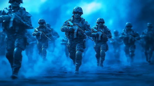 Armed soldiers advance through blue battlefield smoke in unison