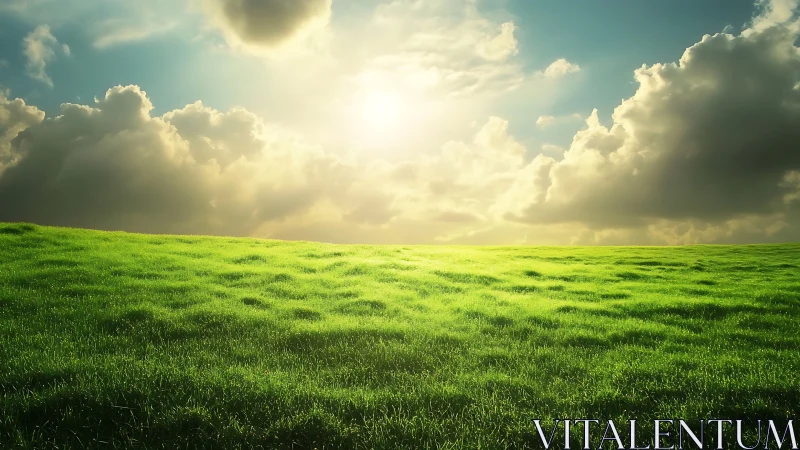 Sunlit grassy field stretches under dense cloud cover