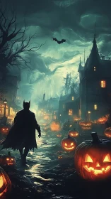 Shadowed vigilante wandering a jack o lantern haunted lane.