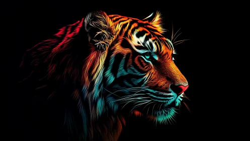 Tiger profile rendered in neon gradient digital line art