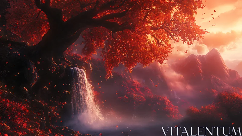 Crimson autumn tree over misted waterfall and sunset peaks.