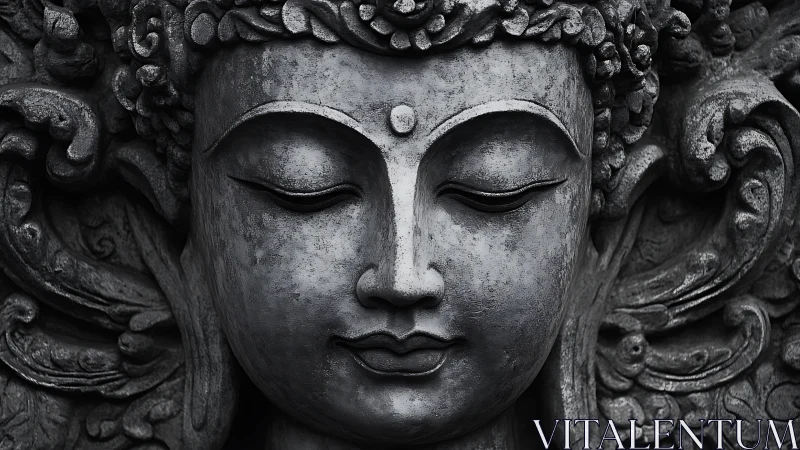 Stone relief sculpture shows stylized face with closed eyes