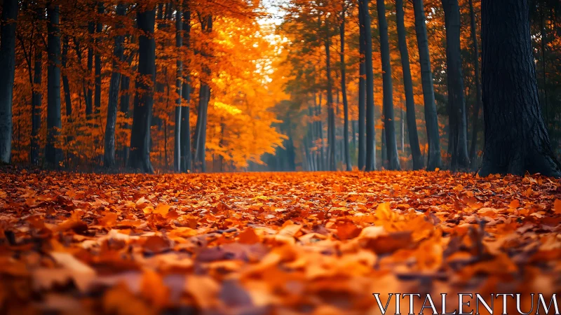 Autumn Forest Path. Golden Leaves Carpet.