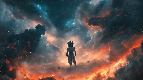 Backlit warrior silhouette suspended in turbulent cosmic nebula