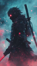 Neon-eyed cyber samurai stalks through ember-laced mist.