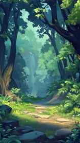 Verdant Forest Gorge: Luminescent Canopy with Cascading Waterfall Vista