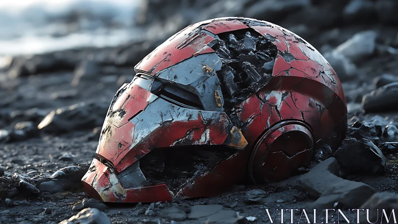 Damaged red armored helmet lying broken on rocky ground.