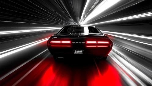 Rear view of sports car in tunnel with streaked lights.