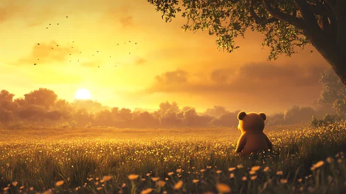 Teddy bear gazes over golden meadow at glowing sunset.