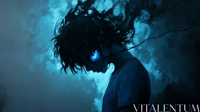 Silhouetted figure with glowing blue eye in dark haze.