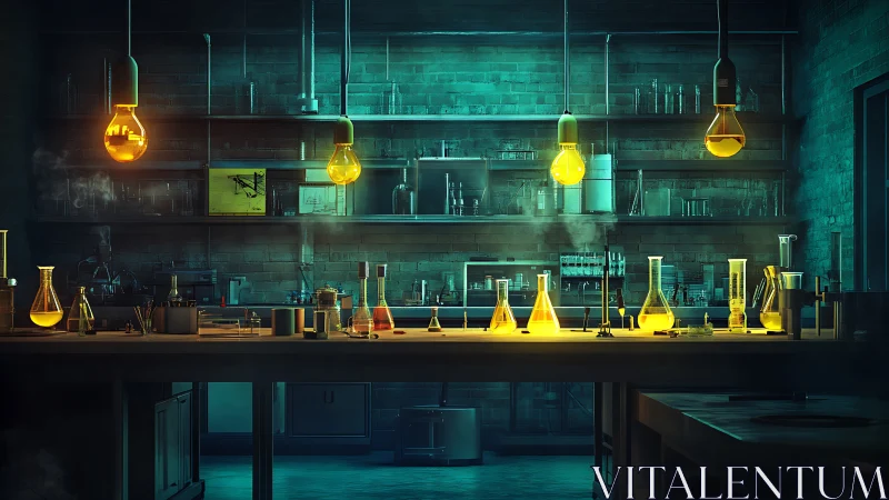 Moody laboratory interior with glowing chemical glassware.