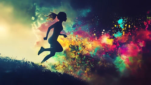 Silhouette runner explodes through vivid cosmic color clouds.