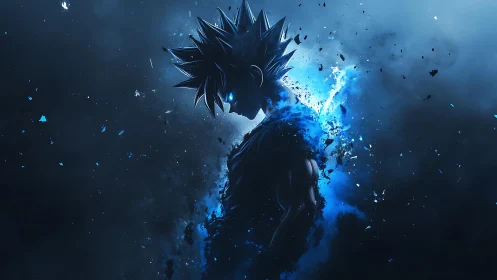 Anime fighter silhouette glows with blue fragmented energy