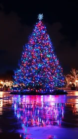 Glowing Christmas tree casting magical colors at night.