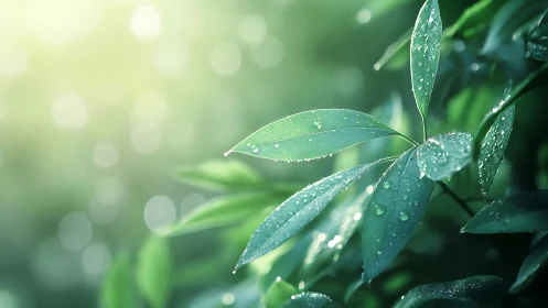 Morning dew on emerald leaves in soft bokeh light.