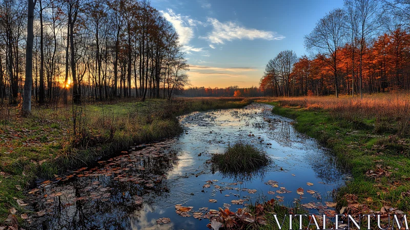 Autumn wetland creek under vivid sunrise sky reflection.