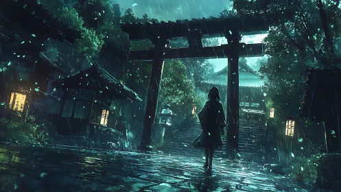 Solitary figure crosses rain-soaked shrine gate at night.