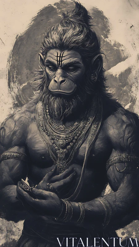 Serene monkey warrior sage wrapped in sacred adornments.