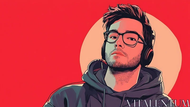 Stylized male portrait with headphones on red field.