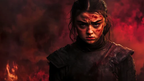 Battle-hardened warrior girl framed by burning red smoke