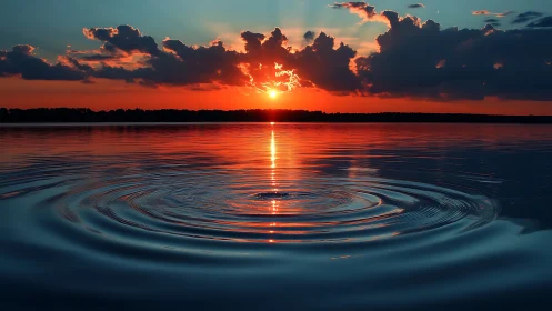 Sunset light reflects on lake surface with expanding ripples