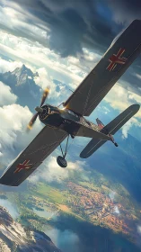 Stormbound vintage warplane tilts above storybook valley.