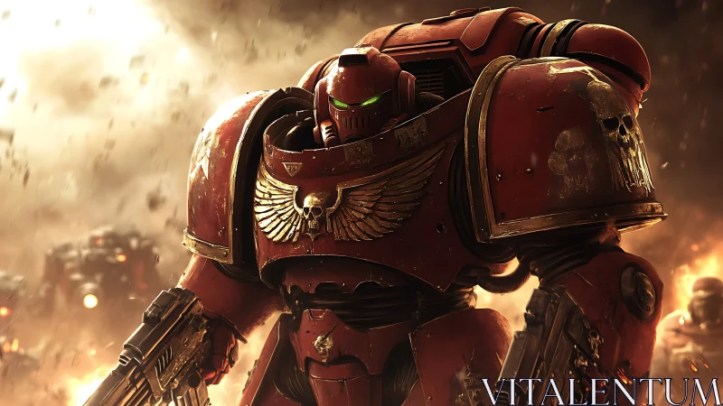 Armored crimson warrior strides through burning warzone