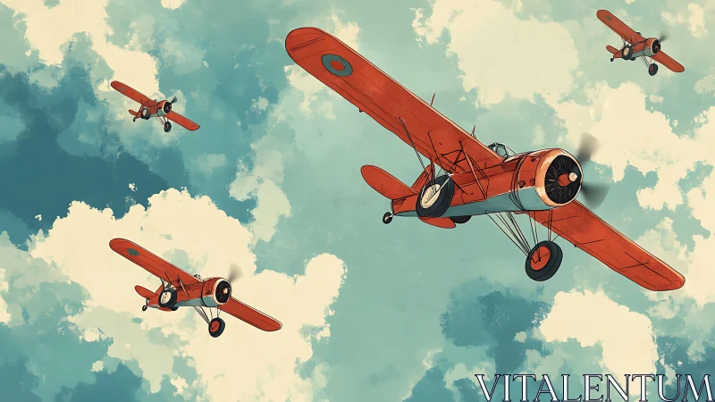 Four vintage red biplanes flying in formation above clouds.