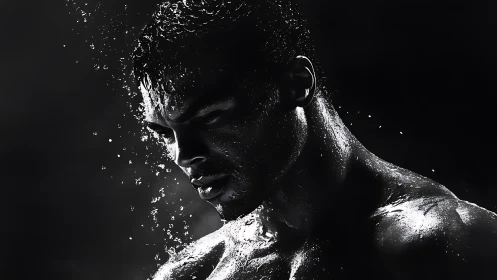 Glistening athlete in quiet black and white determination.