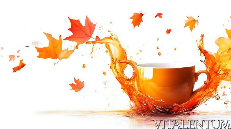 Autumn orange ceramic mug splashing liquid with maple leaves
