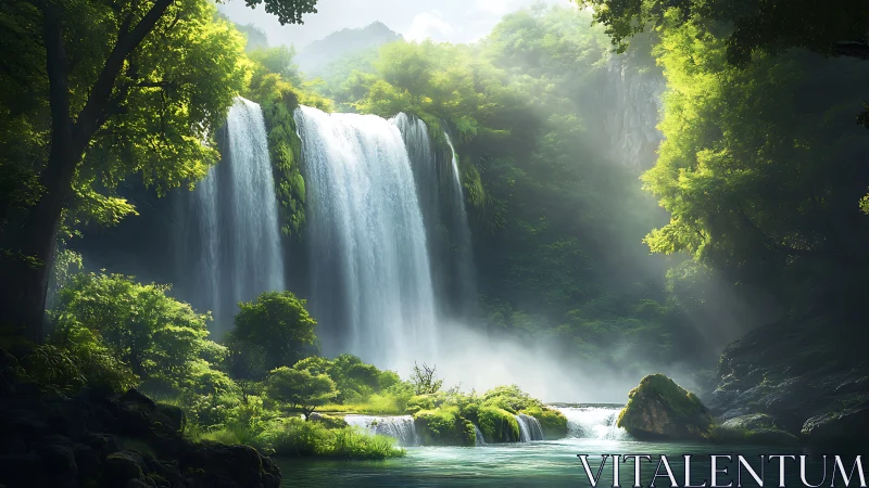 Lush emerald waterfall oasis bathed in ethereal morning light.