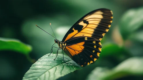 Macro study of orange-black butterfly wings on green leaf