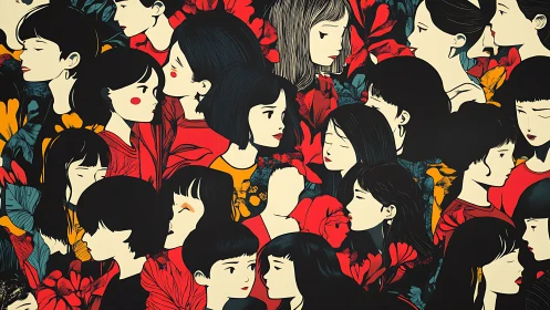 Stylized Portrait Collage of Women with Bold Floral Patterns.