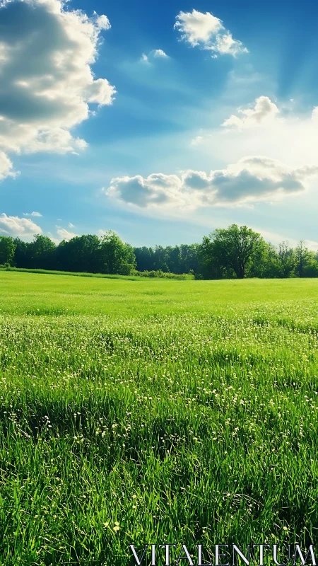 Radiant grassland under cumulus cloud field and solar backlight.