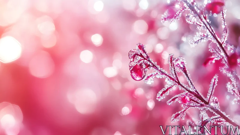 Glistening pink frost cradles delicate drops of winter light