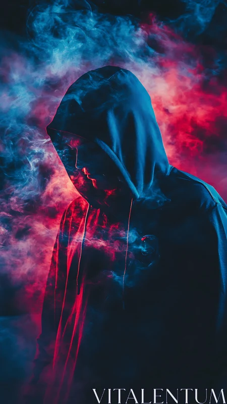 Contrasting blue and red rim lighting isolates hooded figure in smoke