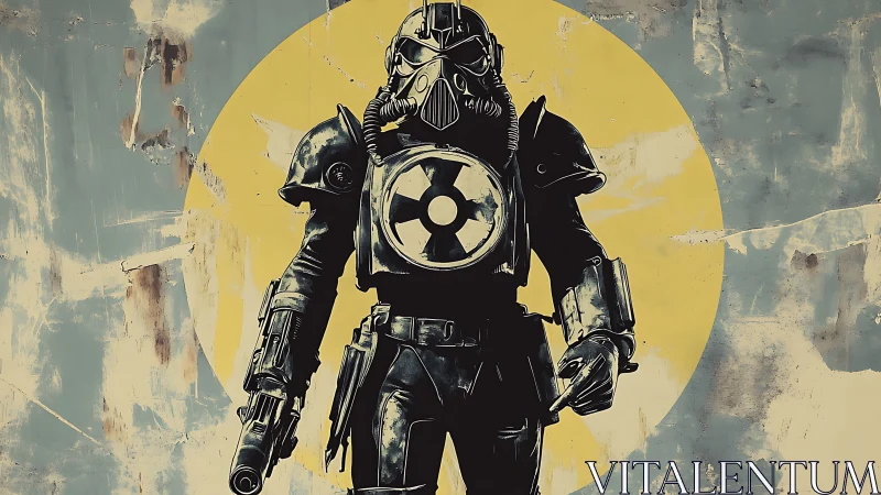 Radiation-sealed infantry exosuit with retro hazard insignia.