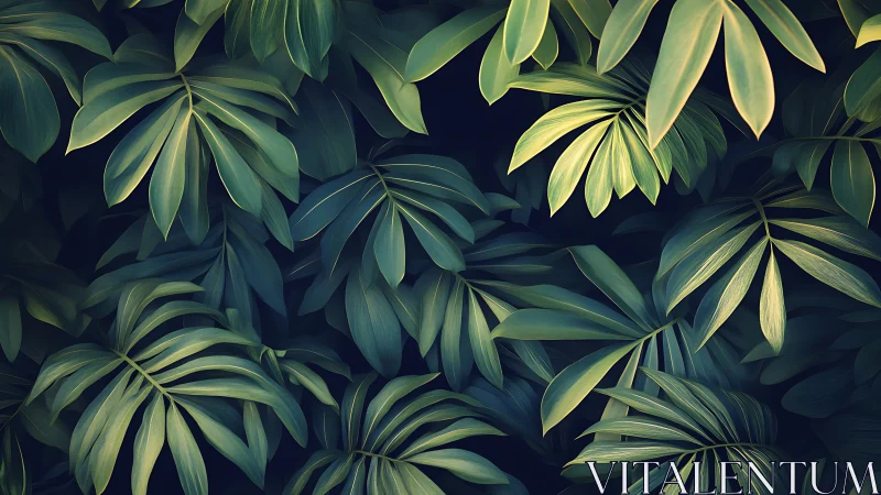 Layered tropical foliage with directional rim lighting and depth