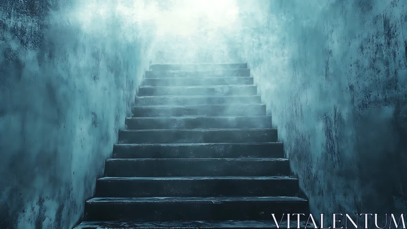 Misty concrete staircase ascending into ethereal light.