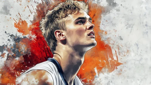 Digital portrait of focused athlete against abstract splashes.