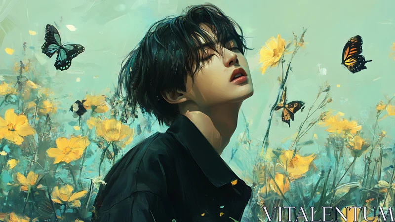 Gentle dreamer closes their eyes among sunlit butterflies