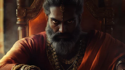 Bearded king sits staring forward in dim dramatic light