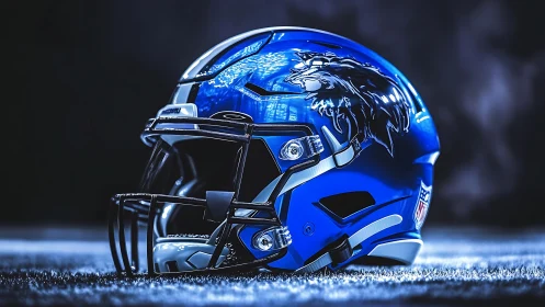 Blue football helmet with lion emblem on artificial turf.