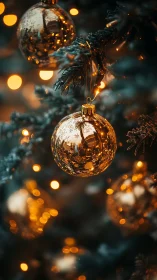 Gold glass baubles hang on evergreen branch in warm bokeh