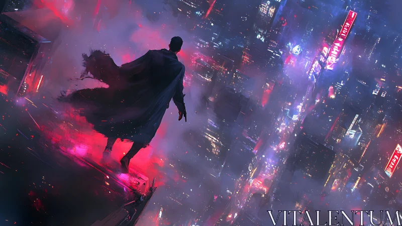 Midnight sentinel tilts over neon storms above the city