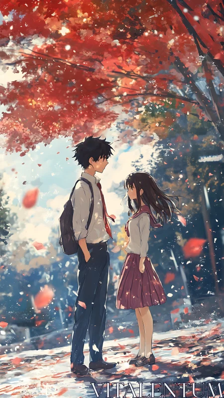 Autumn confession under glowing maple canopy in anime style.
