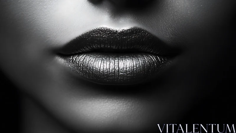Monochrome closeup of glossy metallic lips in shadow.