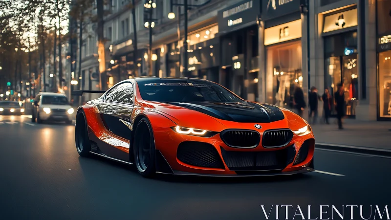 BMW concept coupe races through illuminated city boulevard.